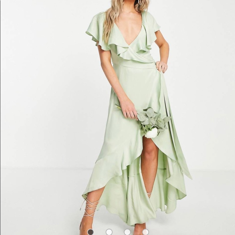 Topshop bridesmaid satin frill wrap dress in sage. Brand new, never worn!